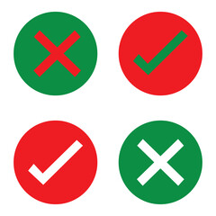 Obraz premium Yes and No or Right and Wrong or Approved and Declined Round Icons with Green Check Mark and Red X Cross Sign. Vector illustration. EPS file 25.