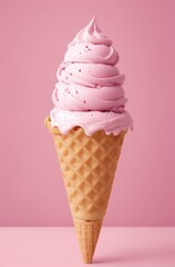 pink ice cream in waffel cone on pastel background