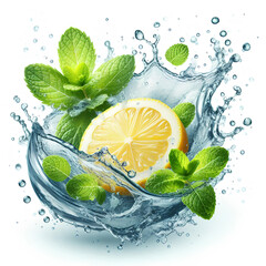 Clean water splash with mint leaves and lemon slice and splatters in water wave isolated on white background