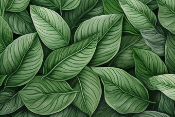 Green plant and leafs pattern. Pencil, hand drawn natural illustration