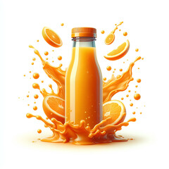 Small plastic orange juice bottle with oragne juice splash isolated on white background