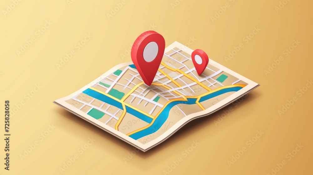 Poster A map with a red pin indicating a specific location. Can be used for navigation or to mark important places