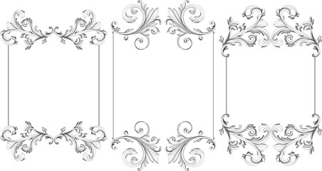 Classic baroque frame scroll ornament engraving border floral retro frames set. Antique style acanthus foliage swirl decorative design collection.