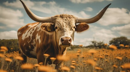 Portrait of Texas Longhorn cattle standing on a grassy and blooming field on a ranch against a blue sky. Nature, Pets concepts.