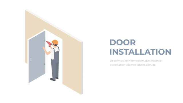 Vector isometric worker installing doors isometry. The process of installing a door repair and construction consept.