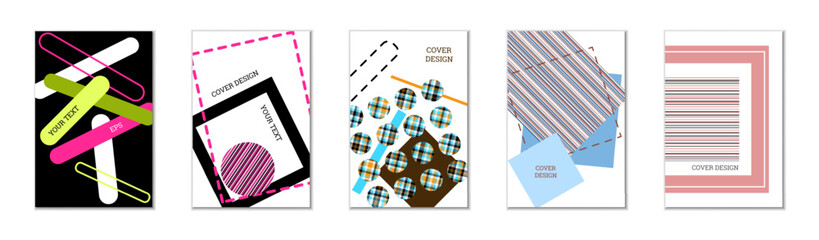 Geometric cover design, set of 5 covers. Abstract unusual background in Memphis style. Bright geometric shapes in random order