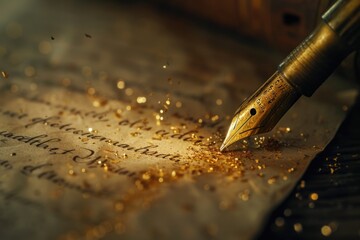 A fountain pen gracefully writes on a piece of paper. This image can be used to depict the art of...