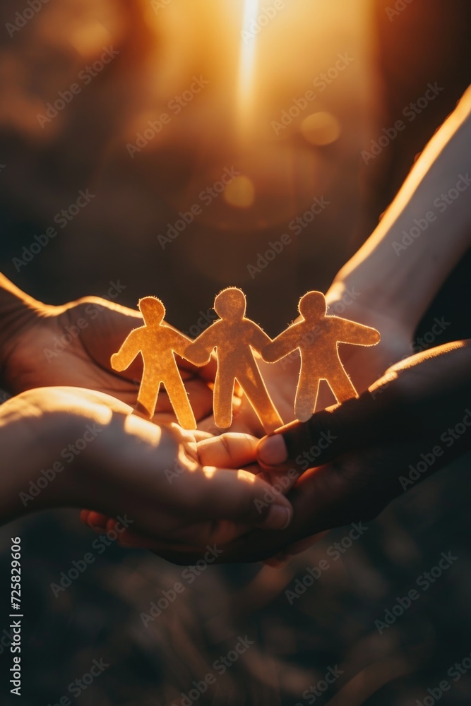 Leinwandbilder a person is seen holding a group of paper people in their hands. this versatile image can be used in