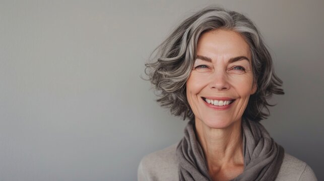 Elegant portrait of a joyous senior Caucasian woman, her stylish grey hair and lovely wrinkles illuminated by studio lights.