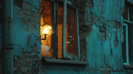 A light sitting in the window of a building. Can be used to depict warmth, comfort, or as a symbol of hope.