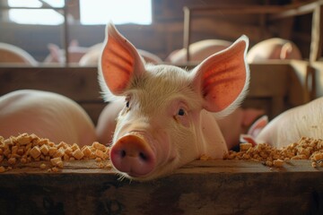 A close up view of a pig in a pen. This image can be used to showcase farm animals or to depict the concept of animal husbandry - Powered by Adobe