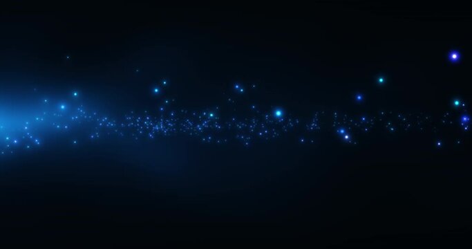 Chaotically flying particles in blue clouds of fog. Abstract stars flying in the plane of a galaxy. Seamless looping animation.