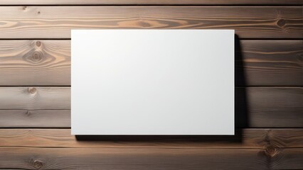 Horizontal rectangular blank white paper board, card on wooden plank background. Mock up for advertising, copy space for text.  generative, ai.