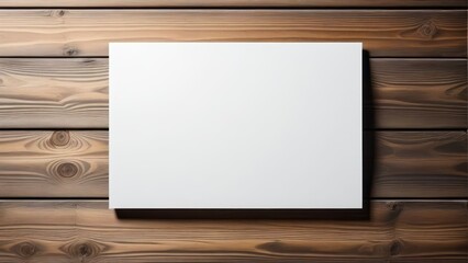 Horizontal rectangular blank white paper board, card on wooden plank background. Mock up for advertising, copy space for text.  generative, ai.