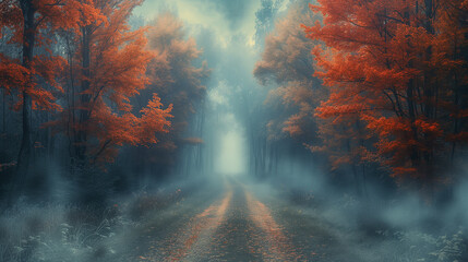 The path goes through a gloomy, misty autumn forest. 