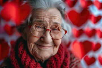 An older woman wearing glasses and a red scarf. Perfect for portraying wisdom and style