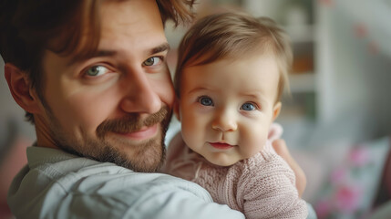 happy father holding a newborn baby in his arms, handsome smiling man, parent, family, infant, kid, child, son, daughter, love, hugs, room, tenderness, father's day