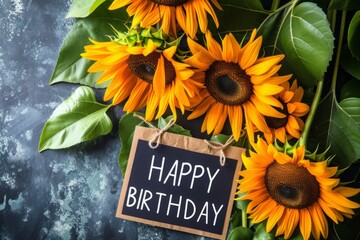 Happy Birthday sign with sunflower background Generative AI