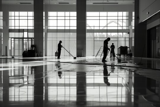 Two men are shown cleaning the floor. This image can be used to depict cleaning, teamwork, or janitorial services