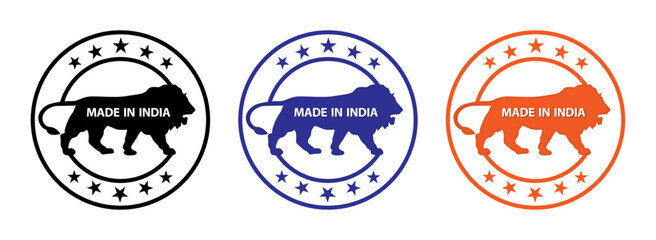 Made in India stamp icon set with stars in circle in black, blue and orange color. Made in India symbol icon set for Indian products and industrial usage isolated on white background. - obrazy, fototapety, plakaty