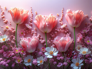Tulips and Wildflowers Fantasy.
Artistic composition of pink tulips amidst wildflowers on a dreamy background.