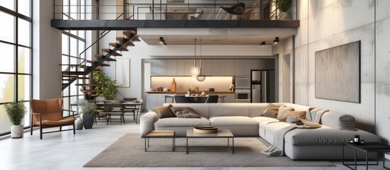 Obraz na płótnie Canvas Rendering 3D Interior design modern scandinavian loft apartment luxury view. AI generated image