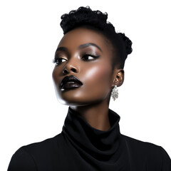 black woman with black lipstick and black dress on a transparent background png isolated