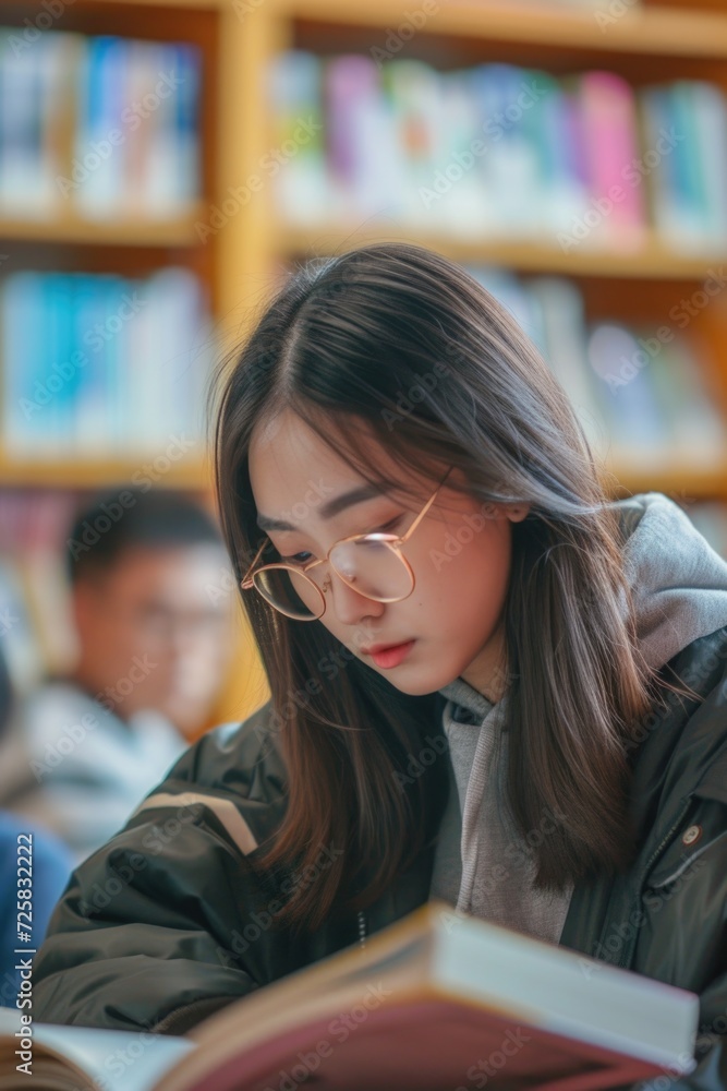 Poster a woman engrossed in reading a book in a library. this image can be used to depict the joy of readin