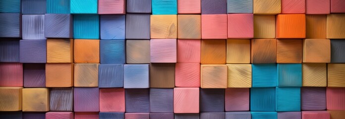 Colorful wooden blocks stack texture aligned background. AI generated image