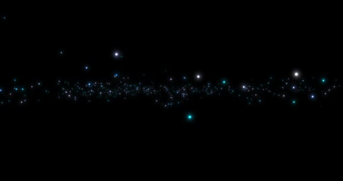 Chaotically flying particles on a black background. Abstract stars flying in the plane of a galaxy. Seamless looping animation.