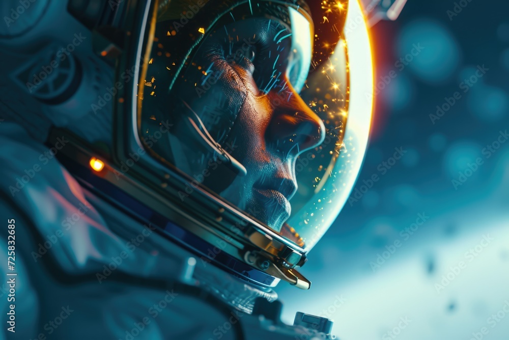 Poster a close up view of a person wearing a space suit. can be used to depict astronauts, space exploratio