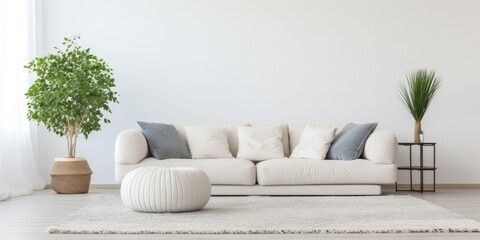 Stylish rug, white sofa, and pouf in living room.