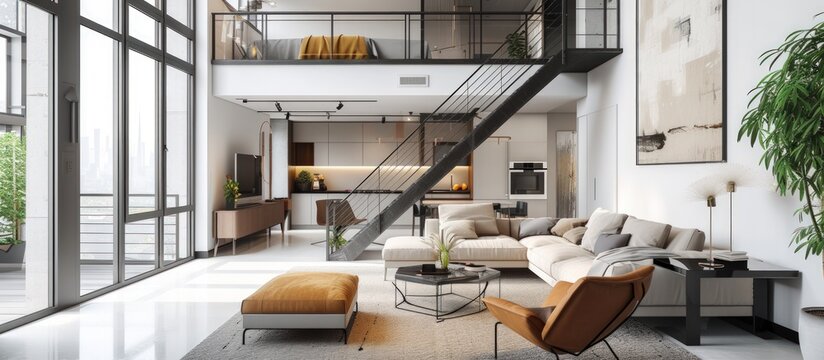 Rendering 3D Interior design modern scandinavian loft apartment luxury view. AI generated image