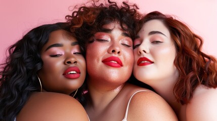 Plus-size women shine in a horizontal closeup portrait, showcasing glittery and colorful makeup against a soft studio background.