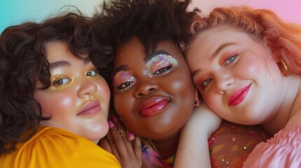 Fototapeta premium Glittering makeup adds a touch of glamour to a closeup of plus-size women.