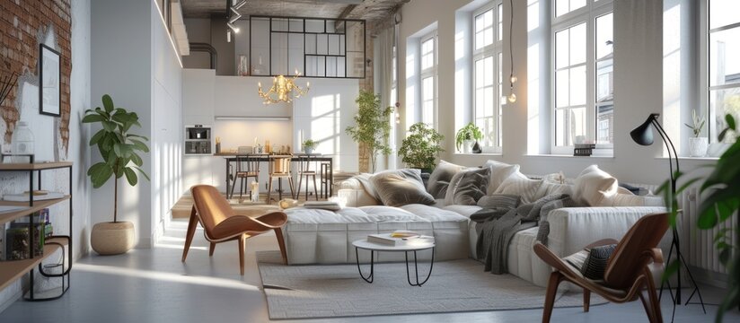 Rendering 3D Interior design modern living room scandinavian loft apartment. AI generated image