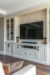 Living room interior design with built-in TV shelves. Matte Veneer finish for the cabinets