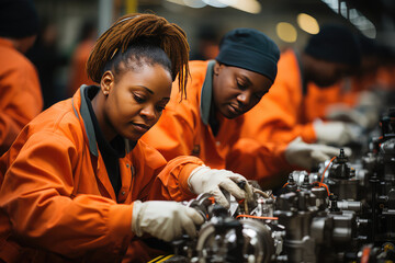 Afro american women working in the car factory on engines