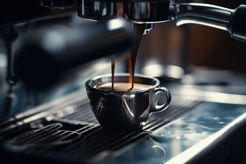 Espresso pouring from coffee machine. AI Generated