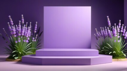 Lavender podium flower background purple product nature platform stand summer 3d table. Cosmetic podium lilac abstract field studio beauty flower spring lavender floral display plant.  generative, ai.