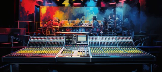 Sound audio mixer panel in recording studio scene. AI generated image