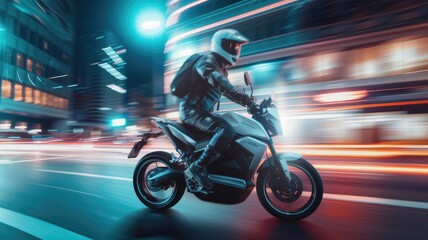 motorcycle delivery with a detailed shot of a delivery rider's backpack specifically designed for transporting goods, demonstrating its practicality in urban settings.