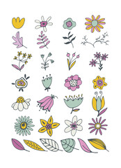 Bouquet maker - different flowers vector elements. Colored bouquet. Collection of various bright flowers isolated on a white background. For logo design, tattoo, postcard. Flat design.