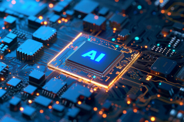 Fototapeta premium AI technology. Chip with AI latters and circuit board.