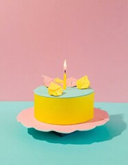 Minimalist style illustration of a birthday cake in pastel pink, light blue and yellow colors. Birthday and celebration concept.