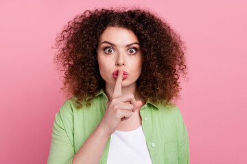 Photo portrait of pretty young girl shh silence gesture keep secret wear trendy green outfit...