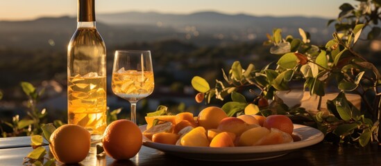 drink on a garden wall in front of an idyllic landscape, sunset sky