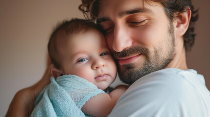 happy father holding a newborn baby in his arms, handsome smiling man, parent, family, infant, kid, child, son, daughter, love, hugs, room, tenderness, father's day