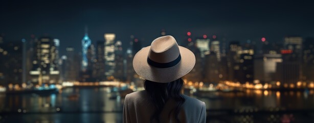 A woman tourist rear view wear a hat stand alone look at the view in the city at night. AI generated