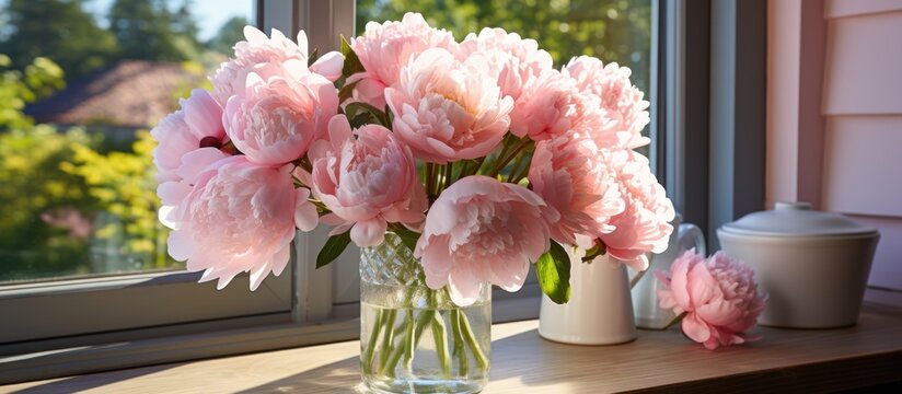 Pink flowers with leaves and bouquet of peonies